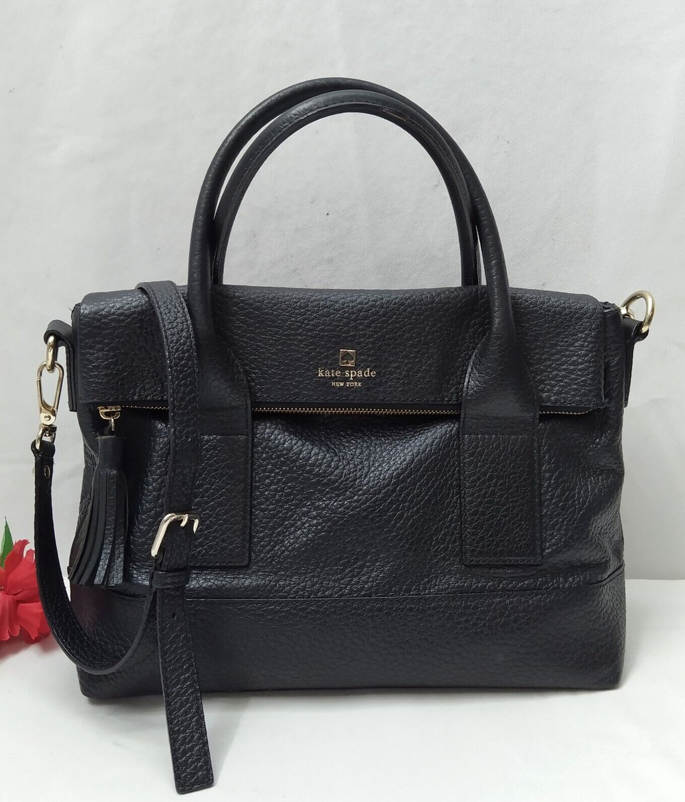 Kate Spade New York Black Pebbled Leather Double Handles Zipper Satchel Bag